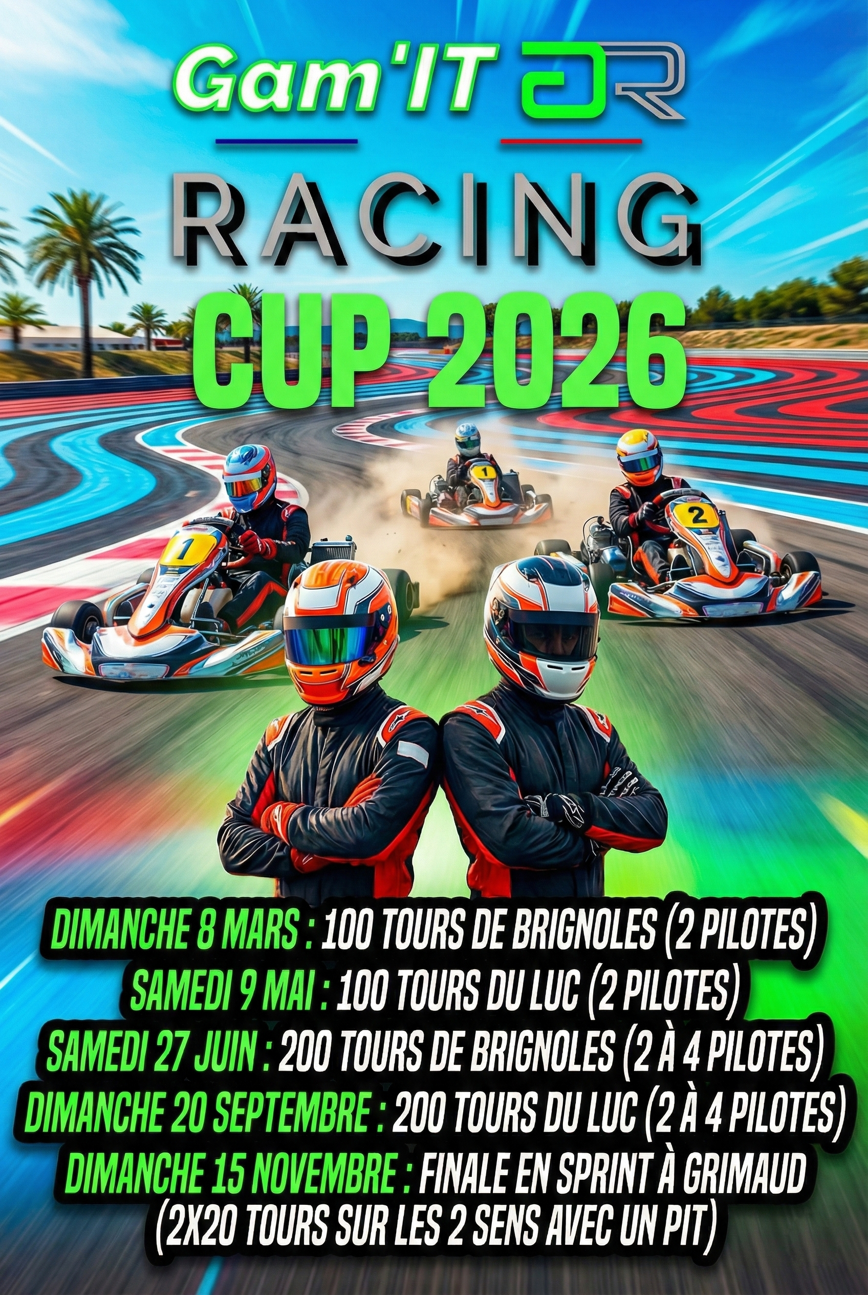 Rejoignez la grille de départ ! Devenez membre de l'association de karting Gam'it Racing pour la saison 2026. Profitez d'avantages exclusifs sur circuits, d'une communauté passionnée et de dons défiscalisés. Adhérez maintenant !